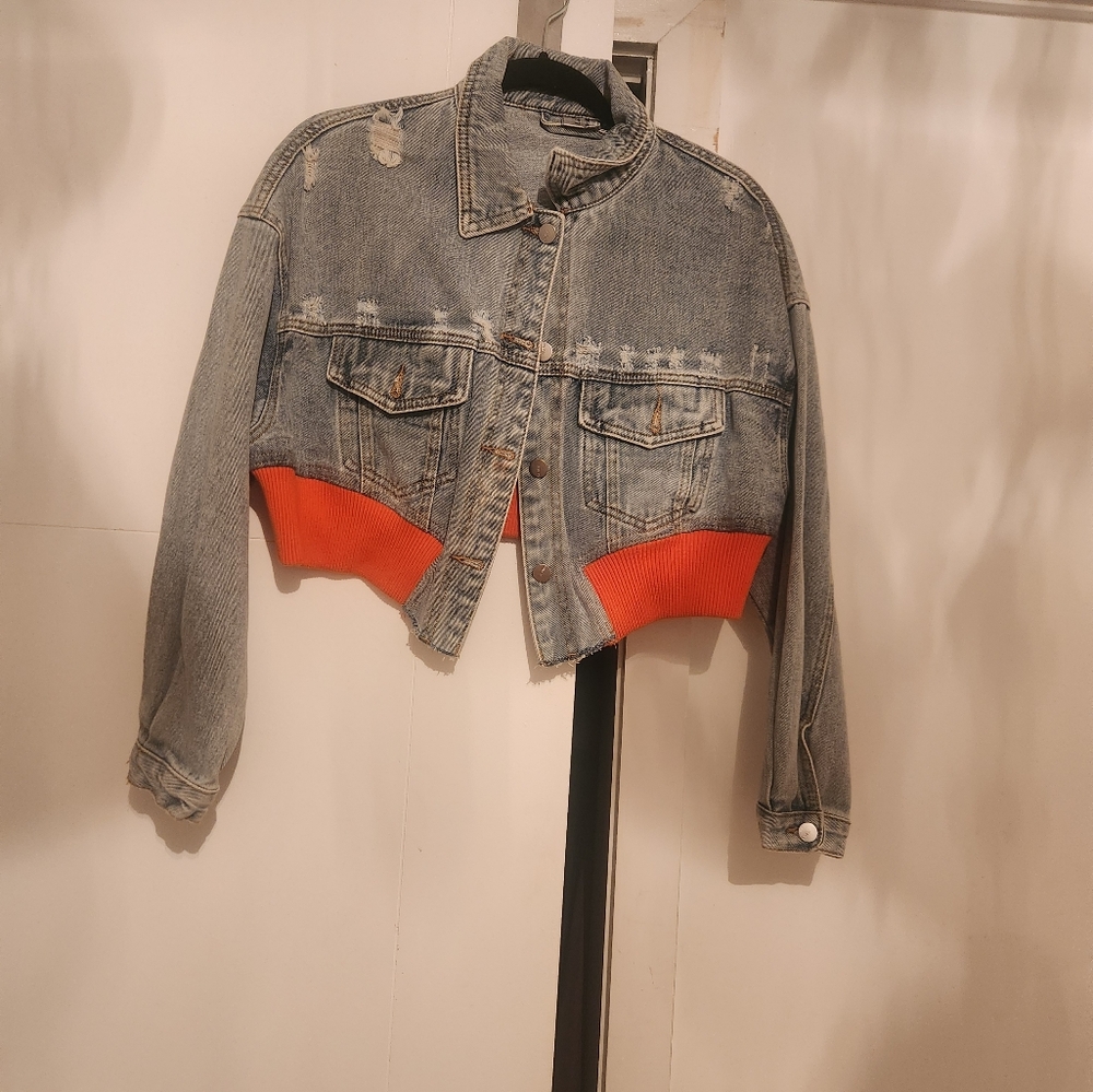 Denim Cropped Jacket with Orange Hem